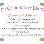 Free Community Dinner August 16th, 2017 5:00 pm to 6:30 pm Brodheadsville