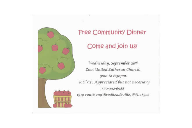 Free Community Dinner September 20th, 2017 5:00 pm to 6:30 pm Brodheadsville