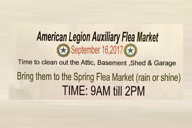 American Legion Auxiliary Flea Market September 16th, 2017 9 am to 2 pm