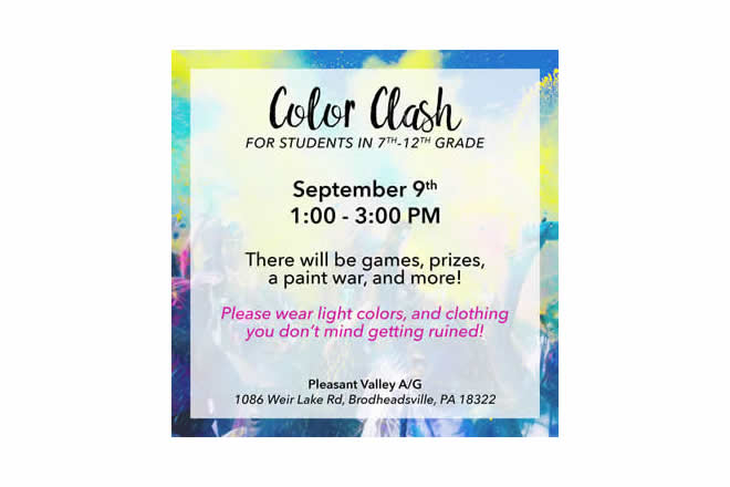 Color Clash for Students in 7th thru 12th Grade September 9th, 2017 1 pm to 3 pm