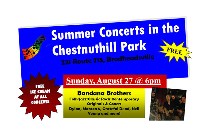The FREE Summer Concerts continue at the Chestnuthill Township Park August 27th, 2017 6:00 pm