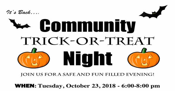 Community Trick or Treat Night October 23rd, 2018 at Pleasant Valley High School 6:00 pm to 8:00 pm
